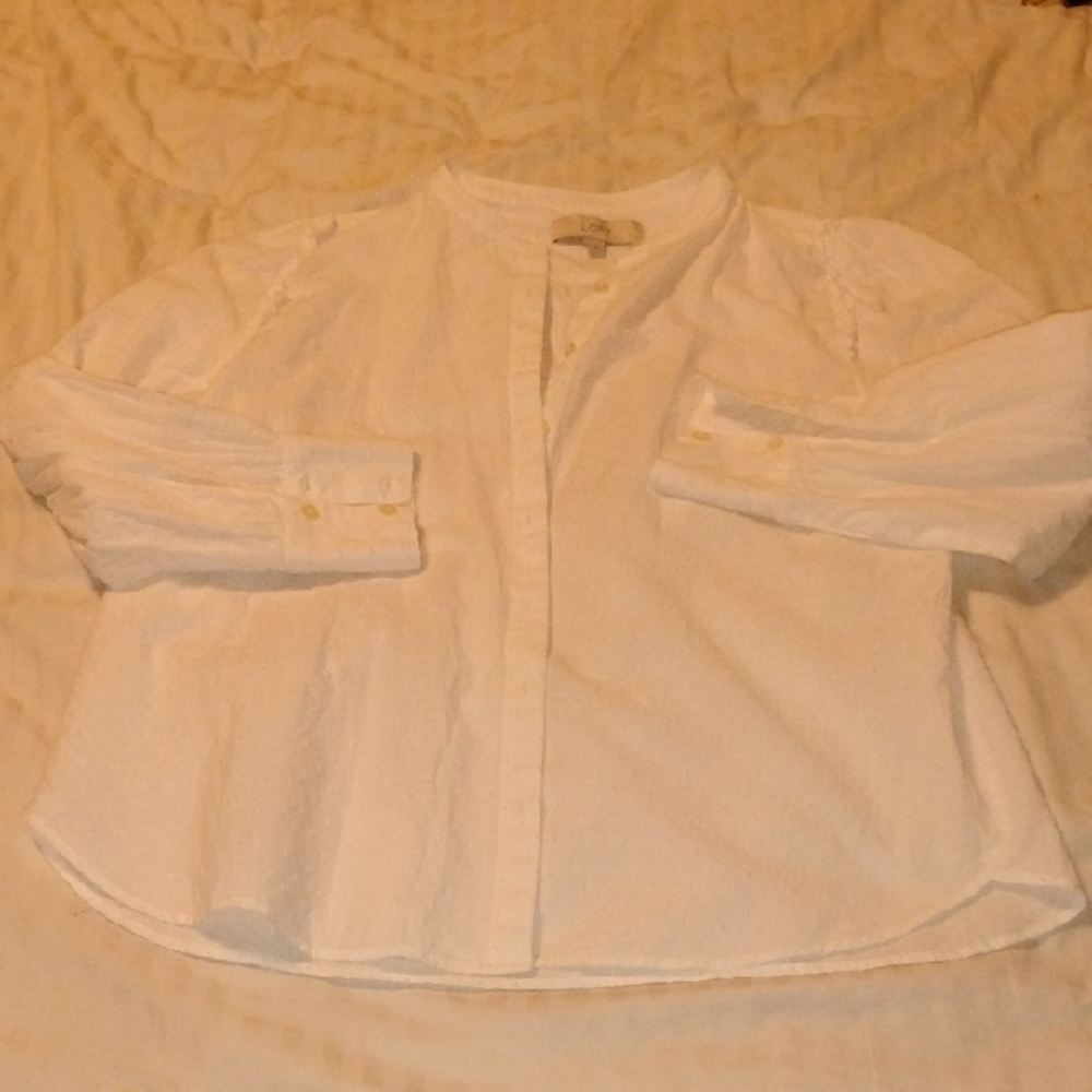 LOFT White Dotted Swiss Button-Front Top